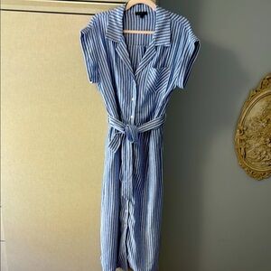 For Cynthia Blue & White Striped Midi Shirtwaist Dress, Linen Blend